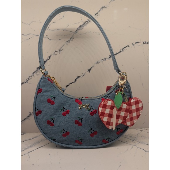 Betsey Johnson Handbags - Betsey Johnson Light Denim XONORTHY Cherry Shoulder Bag with Gold‎ Hardware NWT